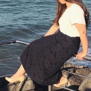 H&M Navy Blue Floral Lace Circle Midi Skirt